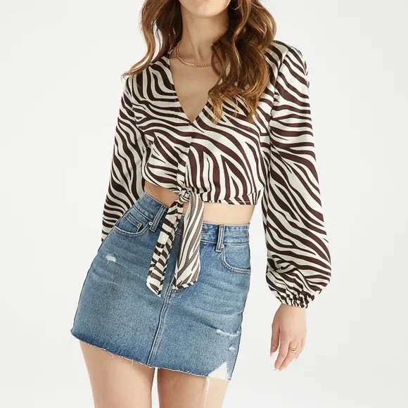 •All Tied Up• Blouson Sleeve Zebra Print Front Tie Blouse - Picture 4 of 4